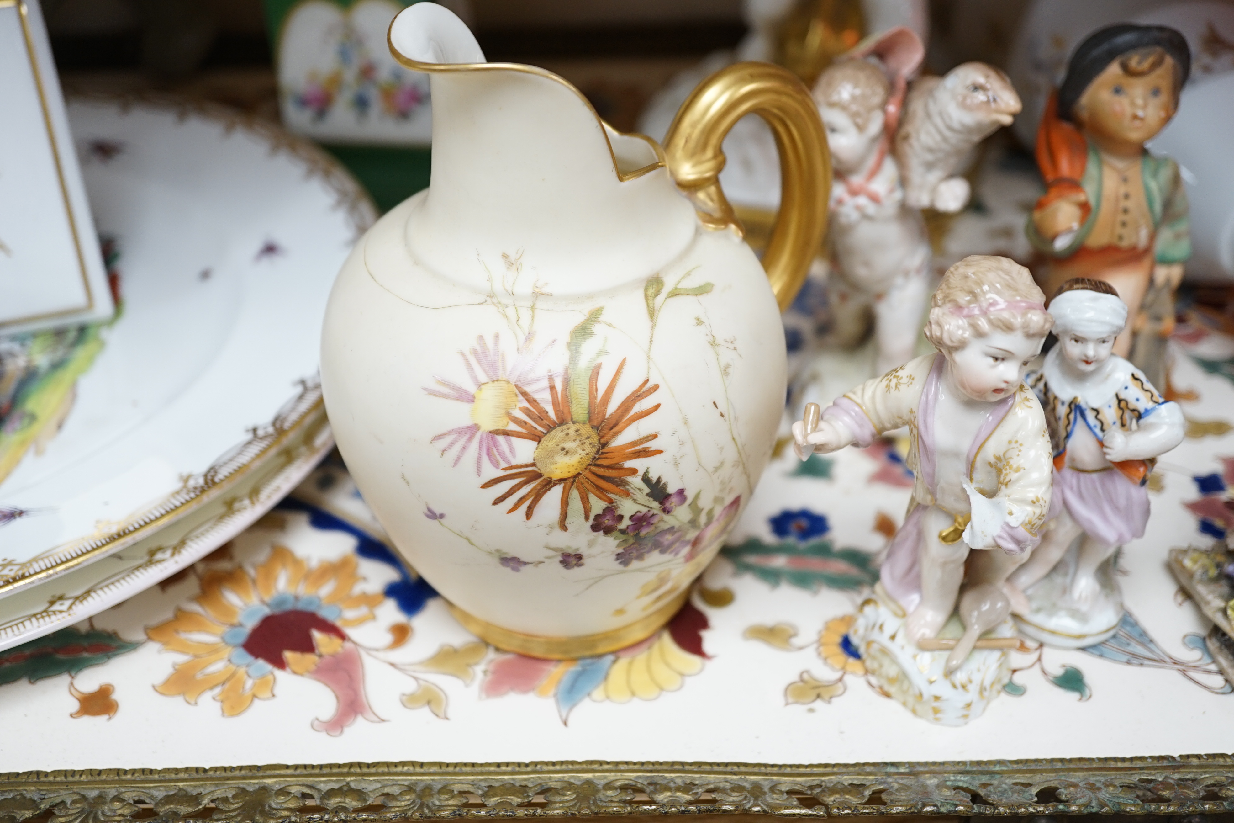 An Austrian Zsolnay type tray together with mixed English and Continental china including Royal Worcester vase, KPM figures and Moore centrepiece, largest 63cm wide